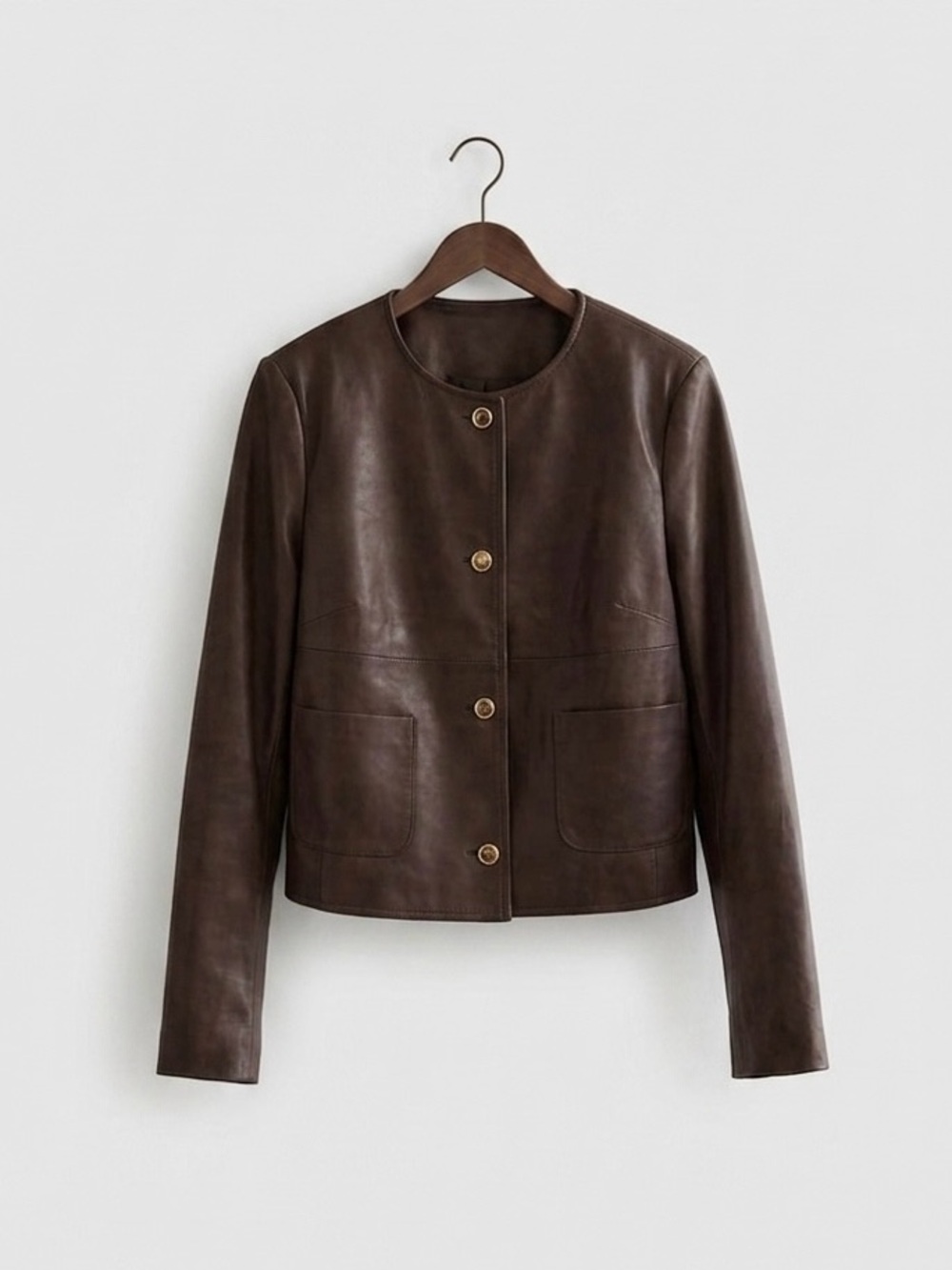 Michael Kors Dark Brown Cropped Faux Leather Jacket with Gold Buttons